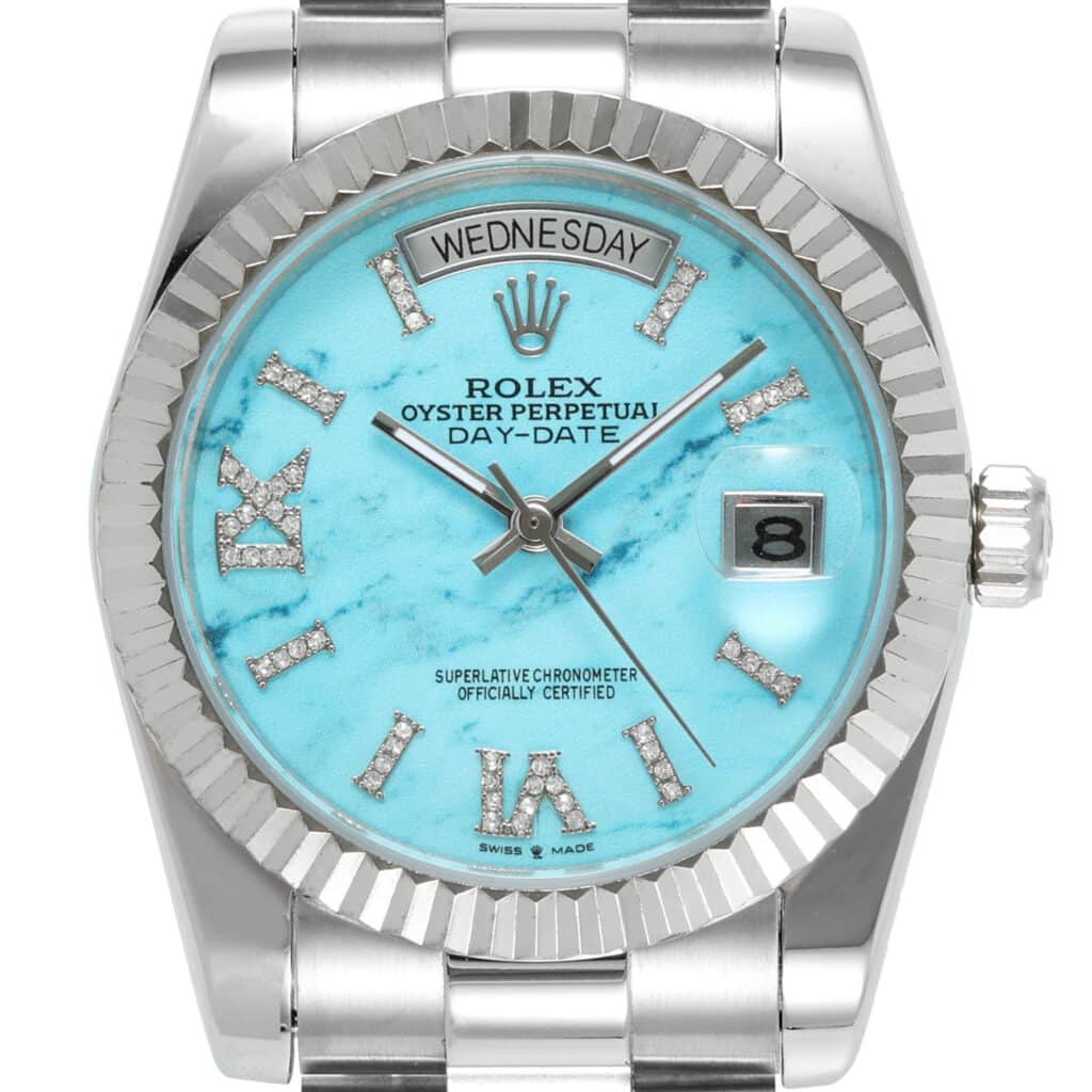 rolex-daydate-36-whitegold-turquoise-diamond-set-128239